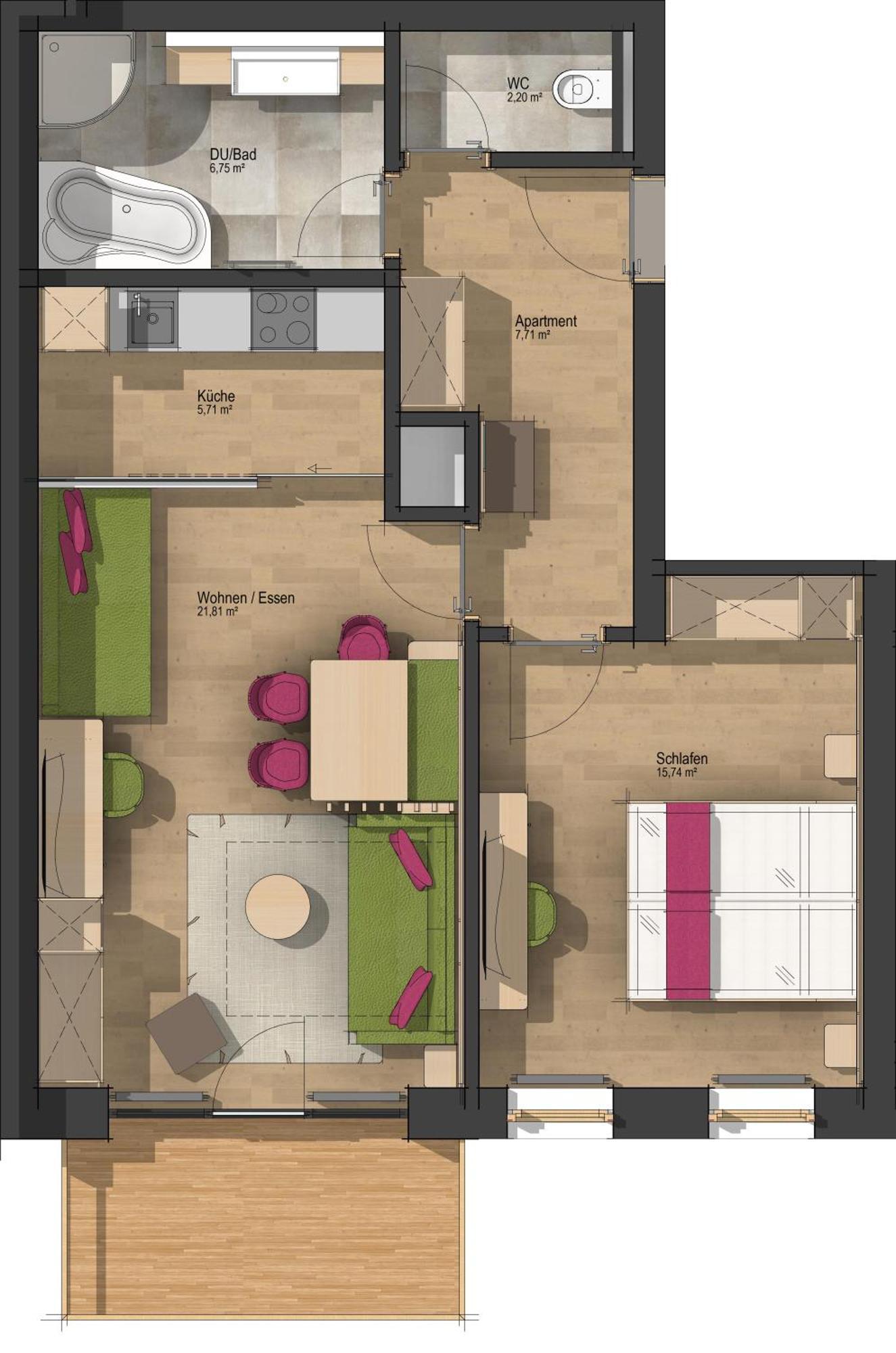 Apartment mit 1 Schlafzimmer und Balkon